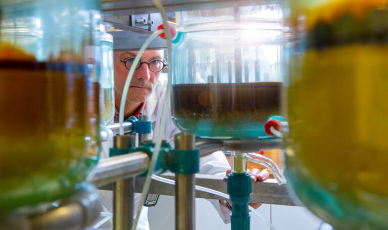 Dit is een foto van een persoon die geconcentreerd werkt in een laboratoriumomgeving. De persoon draagt een witte laboratoriumjas en kijkt naar een opstelling van grote glazen tanks met verschillende vloeistoffen. De omgeving is duidelijk wetenschappelijk, met opvallende apparatuur en buizen. De foto, genomen door fotograaf Jan Buwalda in Groningen, legt de focus en toewijding vast van iemand die bezig is met een wetenschappelijk experiment of onderzoek.