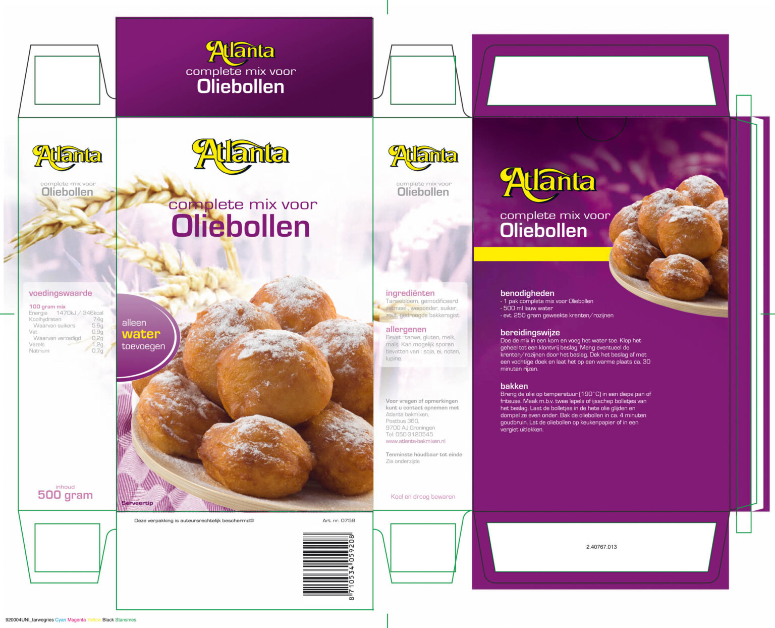 Dit is een verpakking voor Atlanta complete mix voor Oliebollen. De verpakking toont oliebollen met poedersuiker op de voorkant, samen met de tekst alleen water toevoegen. De doos bevat een overzicht van de ingrediënten, voedingswaarde en bereidingsinstructies. Er staat dat de inhoud 500 gram is. Het ontwerp heeft paarse en witte accenten. Fotograaf: Jan Buwalda, Groningen.