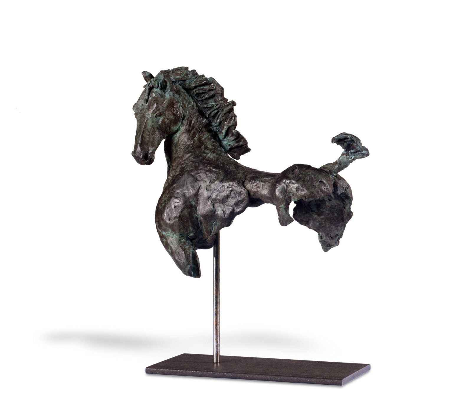 Dit is een bronzen sculptuur van een paard in beweging, opgehangen aan een metalen staaf. Het beeld toont een gedetailleerde weergave van het paard, waarbij de dynamiek en energie van het dier mooi zijn vastgelegd. De ruwe textuur en patina geven het beeld een organische en levendige uitstraling. Het geheel is geplaatst op een donkere, rechthoekige basis. Deze foto is gemaakt door Jan Buwalda, Groningen.