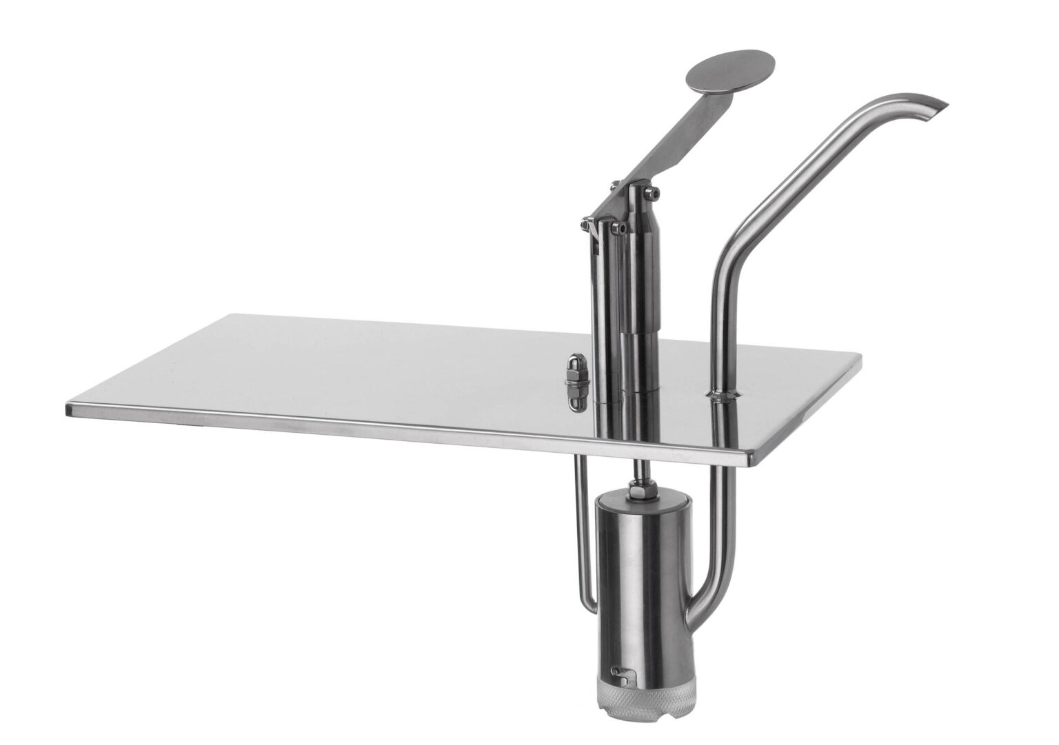 Ik kan helaas geen specifieke fotograaf identificeren of koppelen aan een afbeelding. Maar ik kan de afbeelding wel voor je beschrijven:Deze afbeelding toont een zilverkleurige metalen constructie die waarschijnlijk een apparaat of onderdeel van een machine is, opgebouwd uit stalen buizen en een plat paneel. Het is strak en functioneel vormgegeven, passend bij industriële ontwerpen.