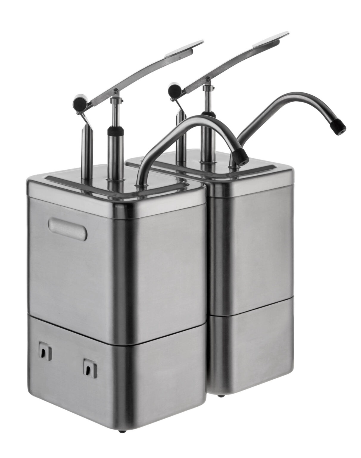 Dit is een strakke en moderne foto van twee roestvrijstalen dispensers. Ze hebben een industriële uitstraling met gepolijste oppervlakken en elegante, gebogen uitlopen. De dispensers zijn ontworpen voor het doseren van vloeistoffen en hebben verstelbare armen aan de bovenzijde. De foto is gemaakt tegen een neutrale achtergrond, wat de focus helemaal op het ontwerp en de functionaliteit van de dispensers legt. Foto door Jan Buwalda uit Groningen.