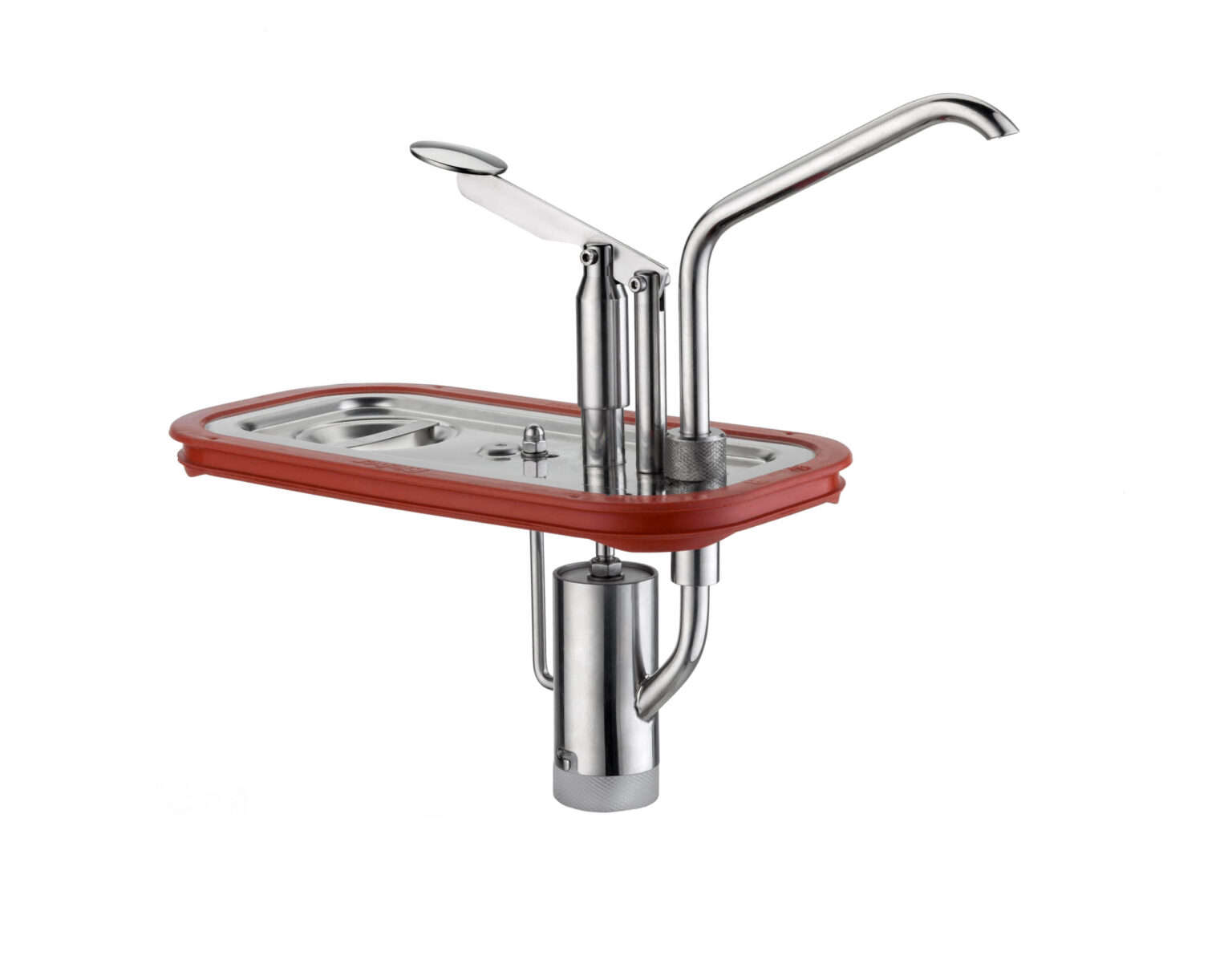 De afbeelding toont een modern ontworpen metalen keukenkraan, afgebeeld op een witte achtergrond. De kraan heeft een slank en minimalistisch design met een enkele hendel waarmee de waterstroom bediend kan worden. Het geheel is afgewerkt met een glanzende afwerking en er is een opvallend rood element zichtbaar onder de kraan. De foto is gemaakt door Jan Buwalda in Groningen.