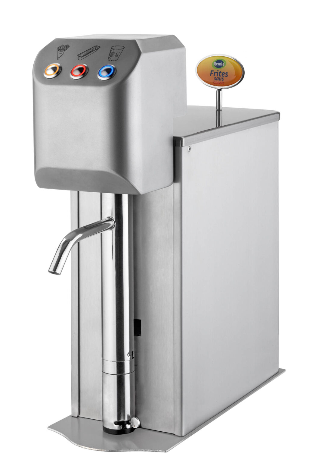 Dit is een afbeelding van een sausdispenser, ontworpen voor het gemakkelijk en hygiënisch doseren van sauzen. De dispenser heeft een modern ontwerp en is gemaakt van roestvrij staal. Op de bovenkant bevinden zich drie knoppen, elk gemarkeerd met een symbool dat het type saus of de toepassing aangeeft. De afbeelding toont een duidelijke en nette presentatie van het apparaat. Fotograaf: Jan Buwalda, Groningen.