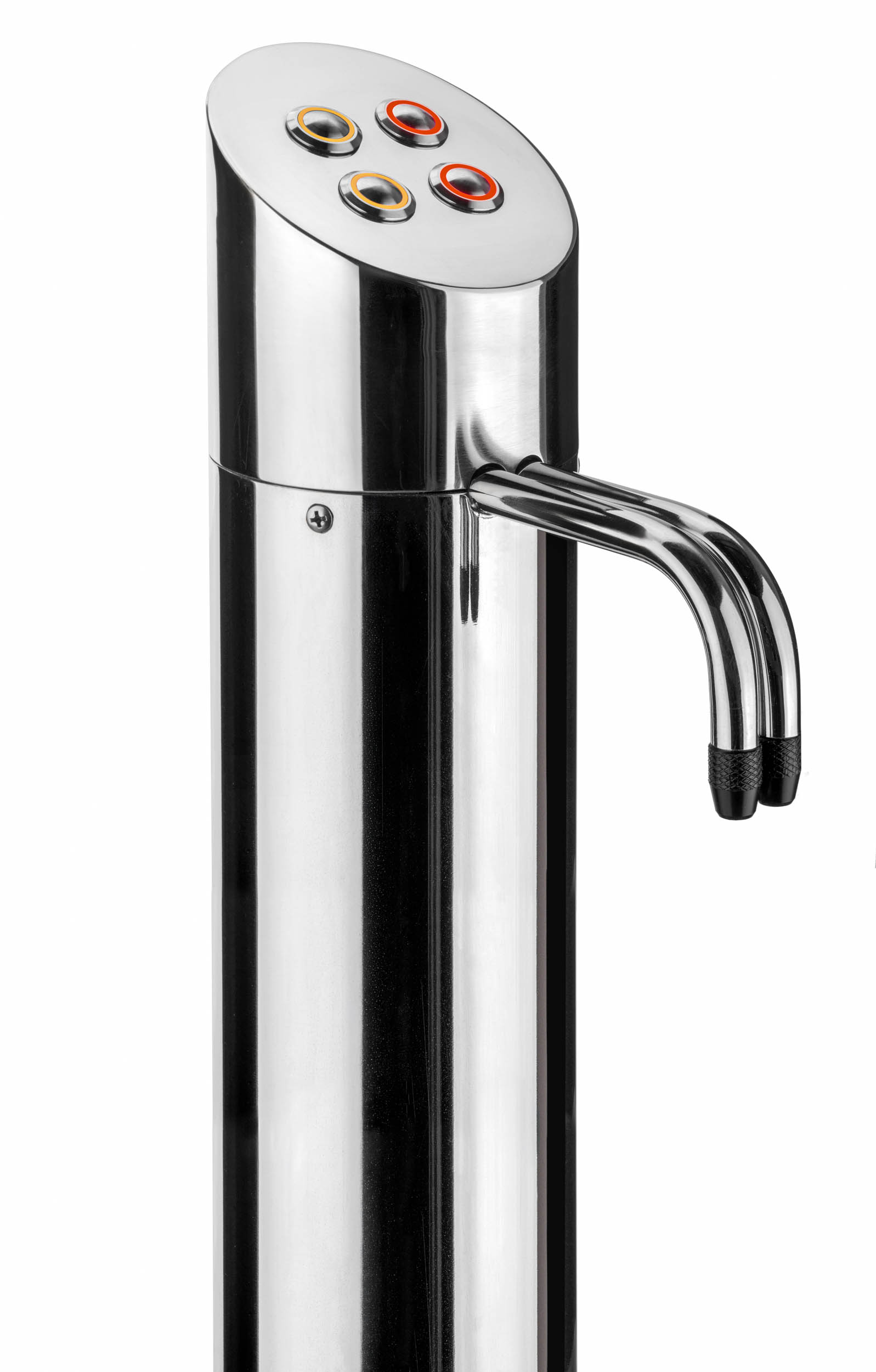 Dit is een foto van een moderne, cilindervormige chromen kraan met een strak en minimalistisch ontwerp. Bovenop de kraan zijn vier ronde knoppen te zien, waarschijnlijk voor verschillende waterinstellingen of temperatuurregeling. Het oppervlak van de kraan is reflecterend, wat bijdraagt aan de moderne uitstraling. Fotograaf: Jan Buwalda, Groningen.