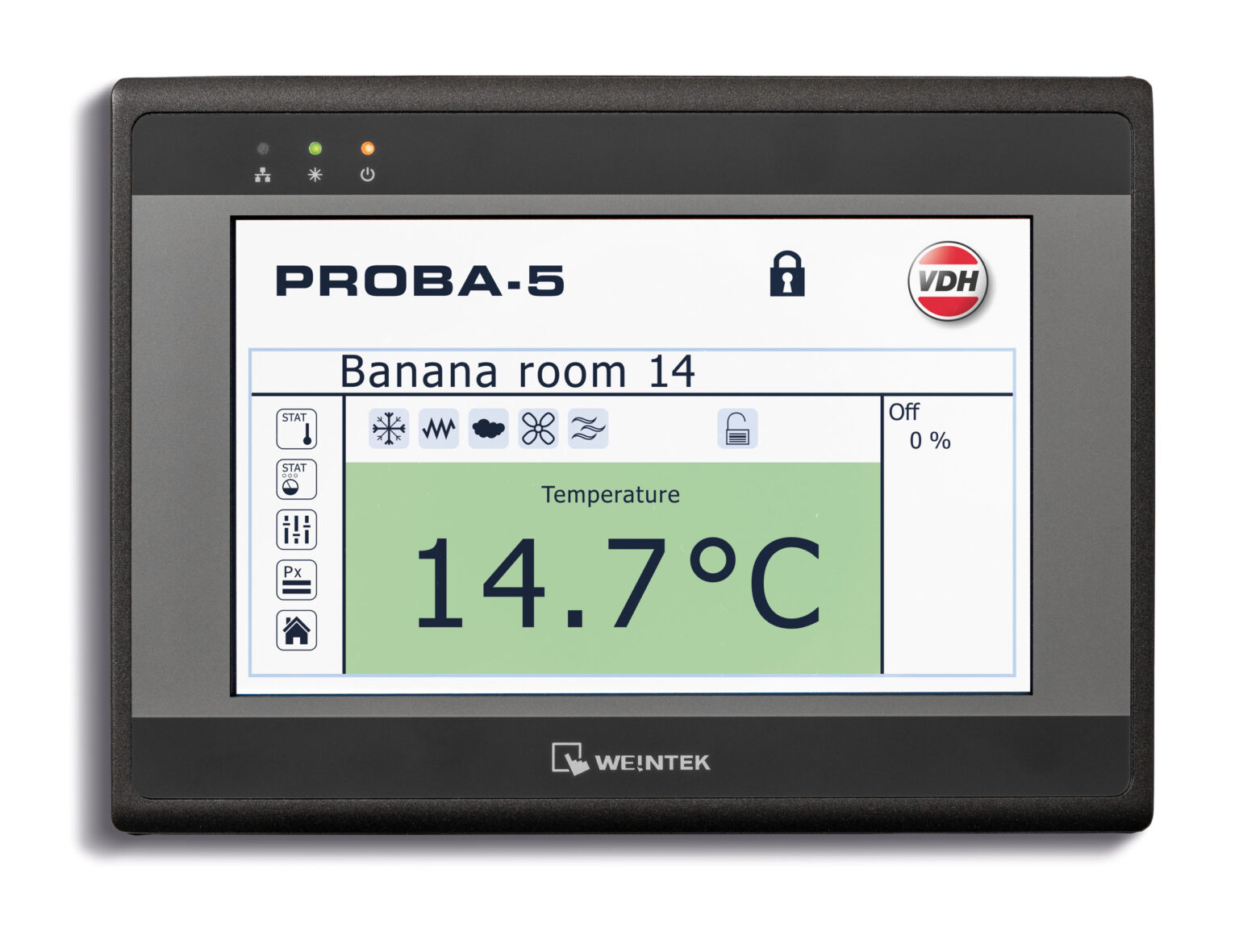 Dit is een foto van een Weintek touchscreen, dat een controlepaneel weergeeft voor een bananenrijpingskamer, met de tekst PROBA-5 bovenaan. De temperatuur in de ruimte is ingesteld op 14,7°C. Het scherm toont verschillende iconen links voor aanpassingen en statusindicaties. Fotograaf: Jan Buwalda, Groningen.