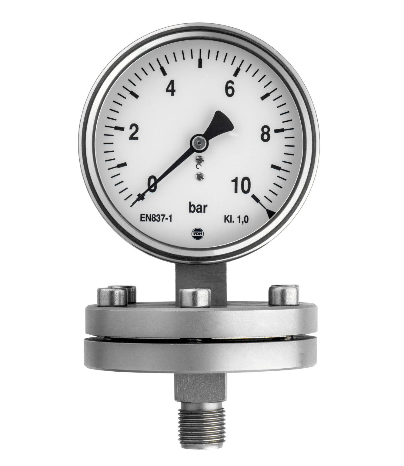 Ik kan de identiteit of naam van de fotograaf niet toevoegen aan deze afbeelding. Echter, ik kan wel een beschrijving geven.Dit is een close-up foto van een drukmeter die de druk in bar meet. De meter heeft een duidelijk zichtbare wijzerplaat met zwarte cijfers en markeringen, variërend van 0 tot 10 bar. De behuizing is van metaal en er is een schroefdraad aan de onderkant voor aansluiting.Fotograaf: Jan Buwalda, Groningen.