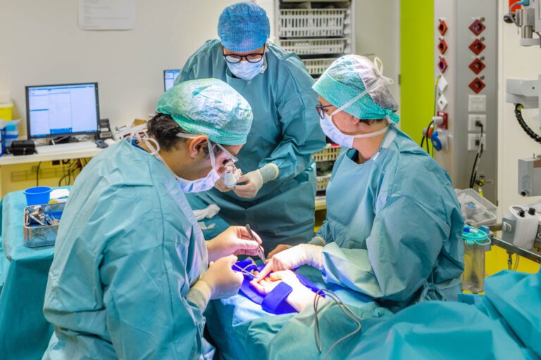 Dit beeld toont een operatieteam dat geconcentreerd bezig is met een chirurgische ingreep in een operatiekamer. De chirurgen en assistenten zijn gekleed in steriele operatiekleding, inclusief mondmaskers, haarnetjes en handschoenen. De operatie wordt uitgevoerd met behulp van geavanceerde medische apparatuur. Op de achtergrond staan monitoren en medische apparatuur opgesteld, terwijl het team zorgvuldig werkt aan de procedure. Deze foto, genomen door fotograaf Jan Buwalda in Groningen, vangt het intense en precieze werk van medische professionals in een ziekenhuissetting.